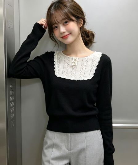 프랑스식 복잡한 고대 칼라 레이스 조각 풀오버 니트 스웨터 여성 이른 가을 검정색 긴팔 만나는 맨위 트렌디