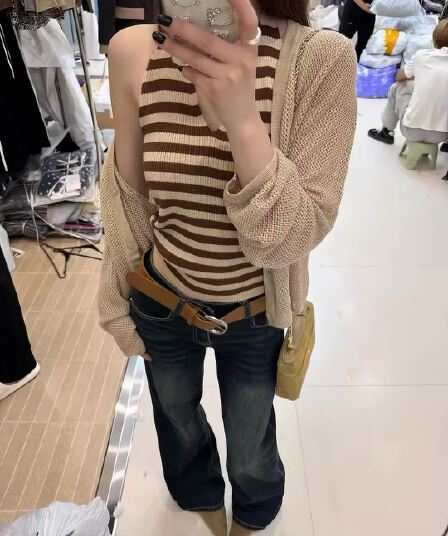 한 부서 스트라이프 V넥 행침 목 니트 조끼 홀로우 아웃 얇은 스타일 오픈 가디건 두 조각 여성 세트 슬림해 보이는 다용도 스택 착용 맨위