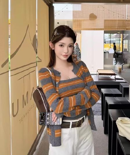 품격 새로운 회색 주황색 스트라이프 인사이드 가져 가라. 패션 긴팔 니트 오픈 가디건 한 부서 다용도 착용 잡아라. 의류 두 조각 여성 세트