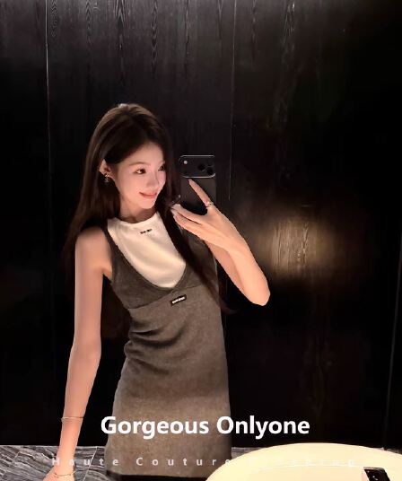 gorgeous onlyone 깊은 V 넥 니트 슬립 여성 드레스 몸매 가꾸기 타이트 스커트 미니 스커트 스택 착용 조끼 스커트