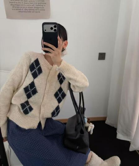 한 부서 레트로 링 그리드 자카드 스웨터 여성 코트 가을 부드러운 찹쌀 루즈핏 다용도 스택 착용 니트 오픈 가디건 맨위