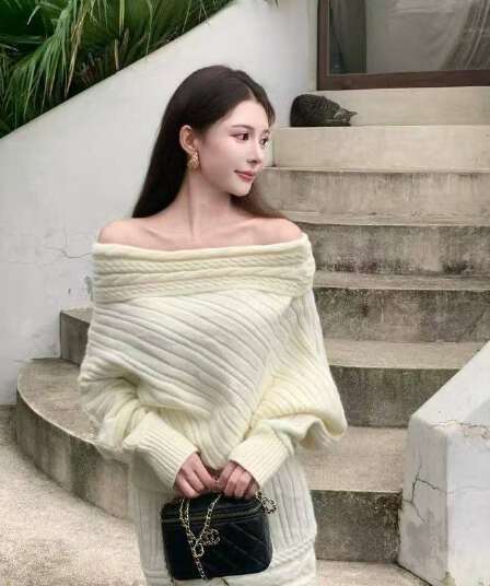 한 부서 디자인 센스 느긋한 바람 오프숄더 레트로 꽈배기 배트윙 소매 니트 맨위 두꺼움 반신 치마 세트