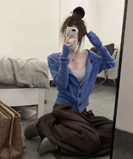 모헤어 니트 오픈 가디건 스웨터 여자 이른 가을 분위기 센스 한 부서 착용 가져 가라. 인사이드 가져 가라. 스트라이프 캐미솔 투피스 세트