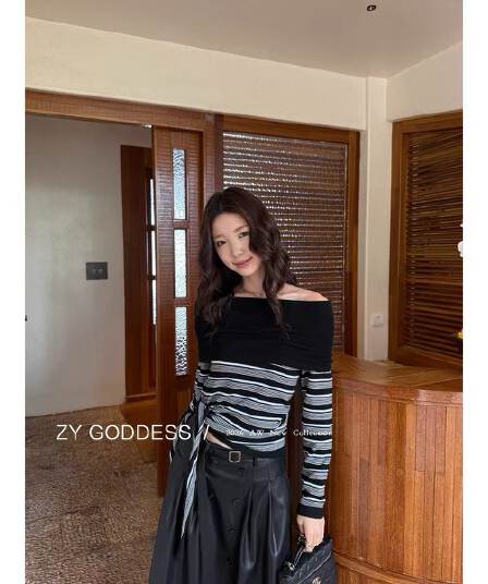 가을 순수한 욕망 분위기 센스 작은 여자 패션 스트라이프 폴로 칼라 오프숄더 측면 스트랩 작은 셔츠 니트 스웨터