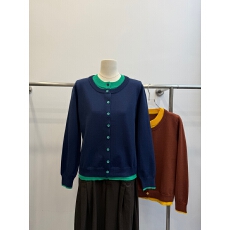假两件撞色针织开衫女秋季韩系圆领藏青拼绿宽松显瘦叠穿毛衣外套