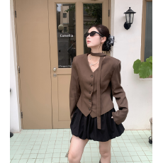 批发美式复古风V领单排扣<b class='q'>百搭</b>显瘦飘带西装外套女