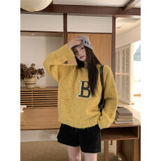 实拍！韩系慵懒风字母提花套头毛衣宽松保暖松弛感上衣女