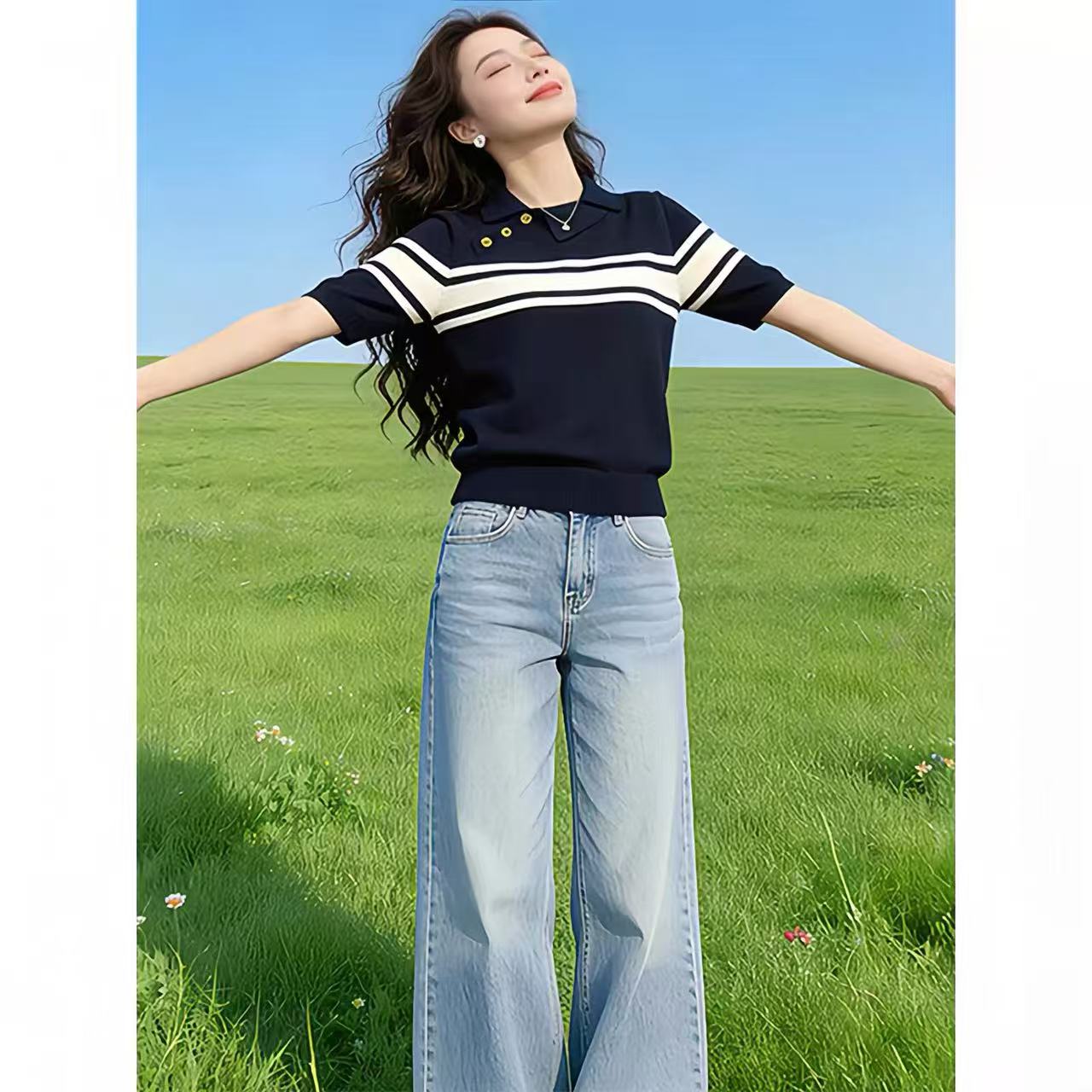 재고 있음 한 부서 품격 레트로 부드러운 찹쌀 배색 POLO 칼라 니트 스웨터 여성 여름 새로운 다용도 연령 감소 짧은 맨위