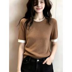 批发有货！设计感撞色针织短袖T恤女夏季高级感咖色宽松显瘦大码上衣