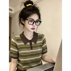 批发复古提花<b class='q'>翻领</b>短袖<b class='q'>T</b><b class='q'>恤</b>女夏季宽松薄款显瘦针织上衣chic
