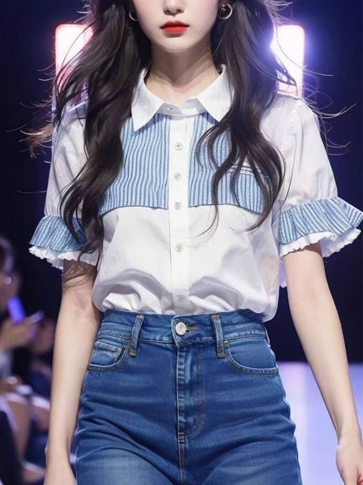 재고 있음 여름 chic 블루 화이트 배색 셔츠 외국 가스 작은 셔츠 셔츠 여자 새로운 루즈핏 슬림해 보이는 맨위