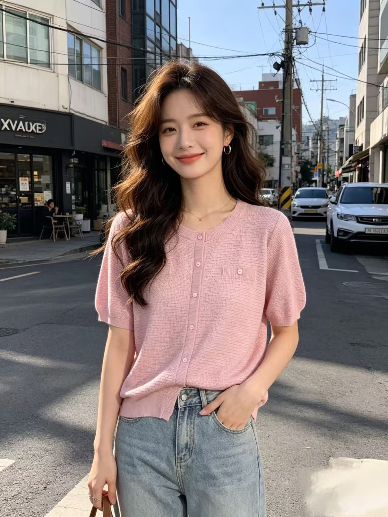 재고 있음 작은 샤넬 스타일 라운드 넥 약화 된 카디건 반팔 티셔츠 니트 가짜 오픈 가디건 여성 다용도 슬림해 보이는 맨위