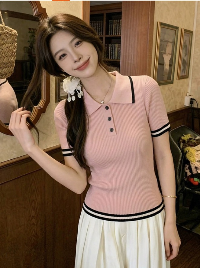 재고 있음 빛 요리 한 부드러운 핑크색 폴로 칼라 반팔 니트 스웨터 여성 Chic 슬림해 보이는 다용도 티셔츠 인사이드 가져 가라. 언더 코트
