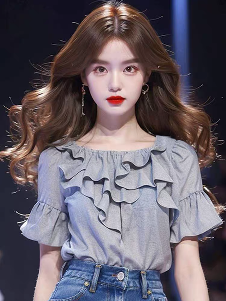재고 있음 고유 한 아름다운 작은 셔츠 올해 인기 한 부서 이른 봄 착용 가져 가라. 회색 프릴 반팔 셔츠 여름
