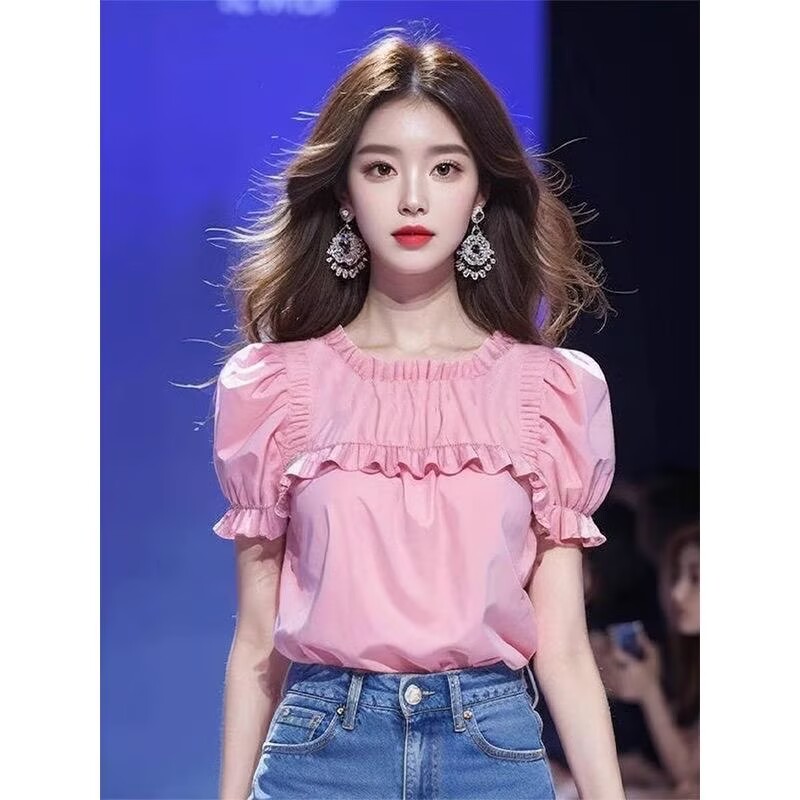 재고 있음 올해 인기 아름다운 작은 셔츠 핑크색 프릴 반팔 셔츠 새로운 표지 고기 디스플레이 얇고 작은 맨위