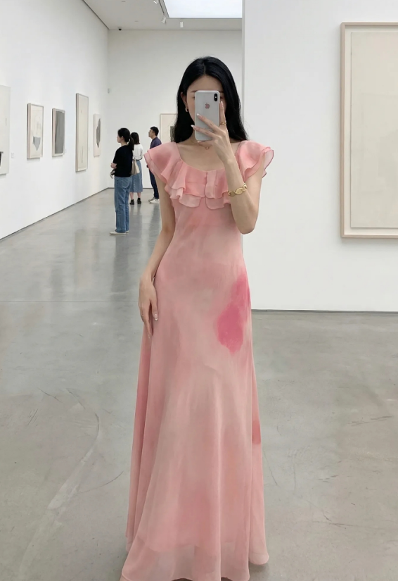 재고 있음 도루 가을 우아한 진주 쉬폰 꽃무늬 슬림해 보이는 여성 드레스 헤일로 염색 프릴 롱 스커트