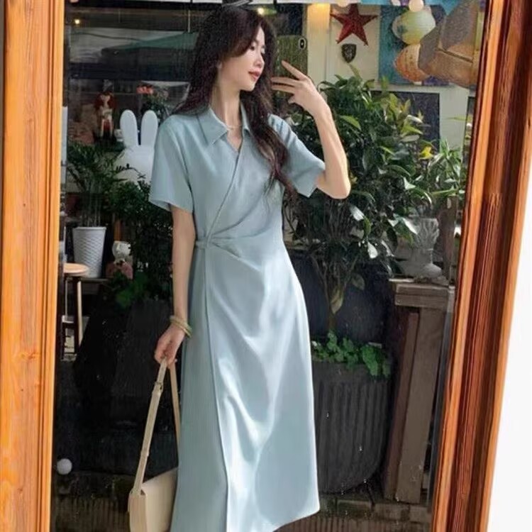 재고 있음 패션 허리 수축 슬림해 보이는 한 팬 품격 파란색 레트로 출퇴근 표지 배 반팔 드레스