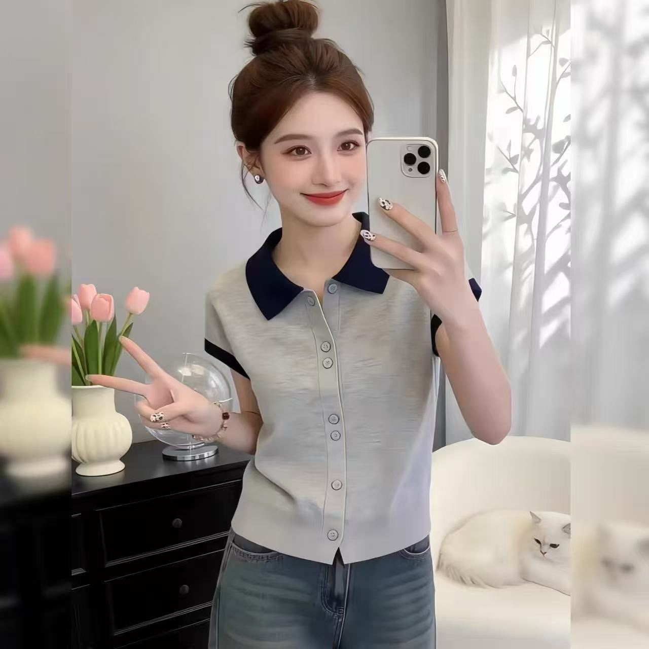 재고 있음 한 부서 품격 몸매 가꾸기 폴로 칼라 반팔 티셔츠 여성 2026 여름 캐주얼 다용도 연령 감소 맨위 기본 셔츠