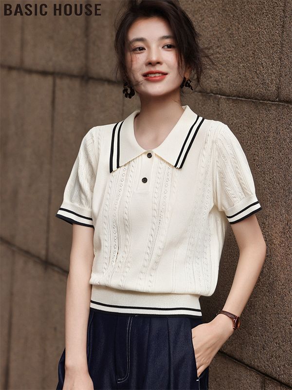 재고 있음 한 부서 학원 스타일 배색 POLO 칼라 스트라이프 니트 반팔 여성 여름 긍정적 인 어깨 쇼트 스타일 티셔츠 여성