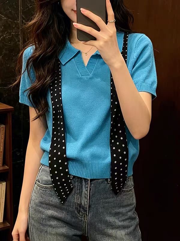 재고 있음 한 부서 원본 싱글 여름 새로운 여성 POLO 칼라 니트 반팔 여성 경기 도트 무늬 스카프 다용도