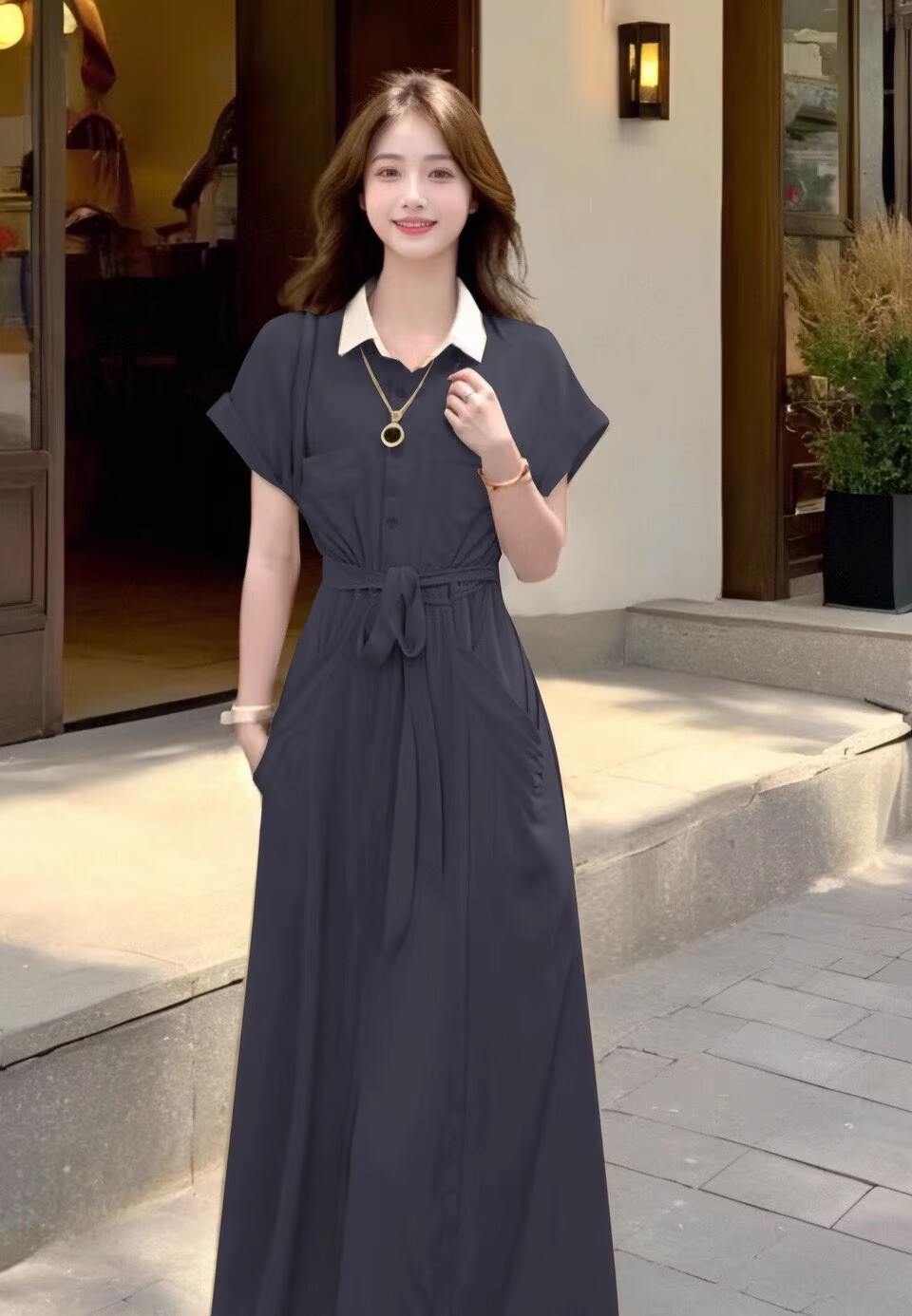 재고 있음 2026 여름 패션 고급 센스 미니멀리즘 품격 회색 작은 대중 드레스 허리 수축 몸매 가꾸기 연령 감소 롱 스커트