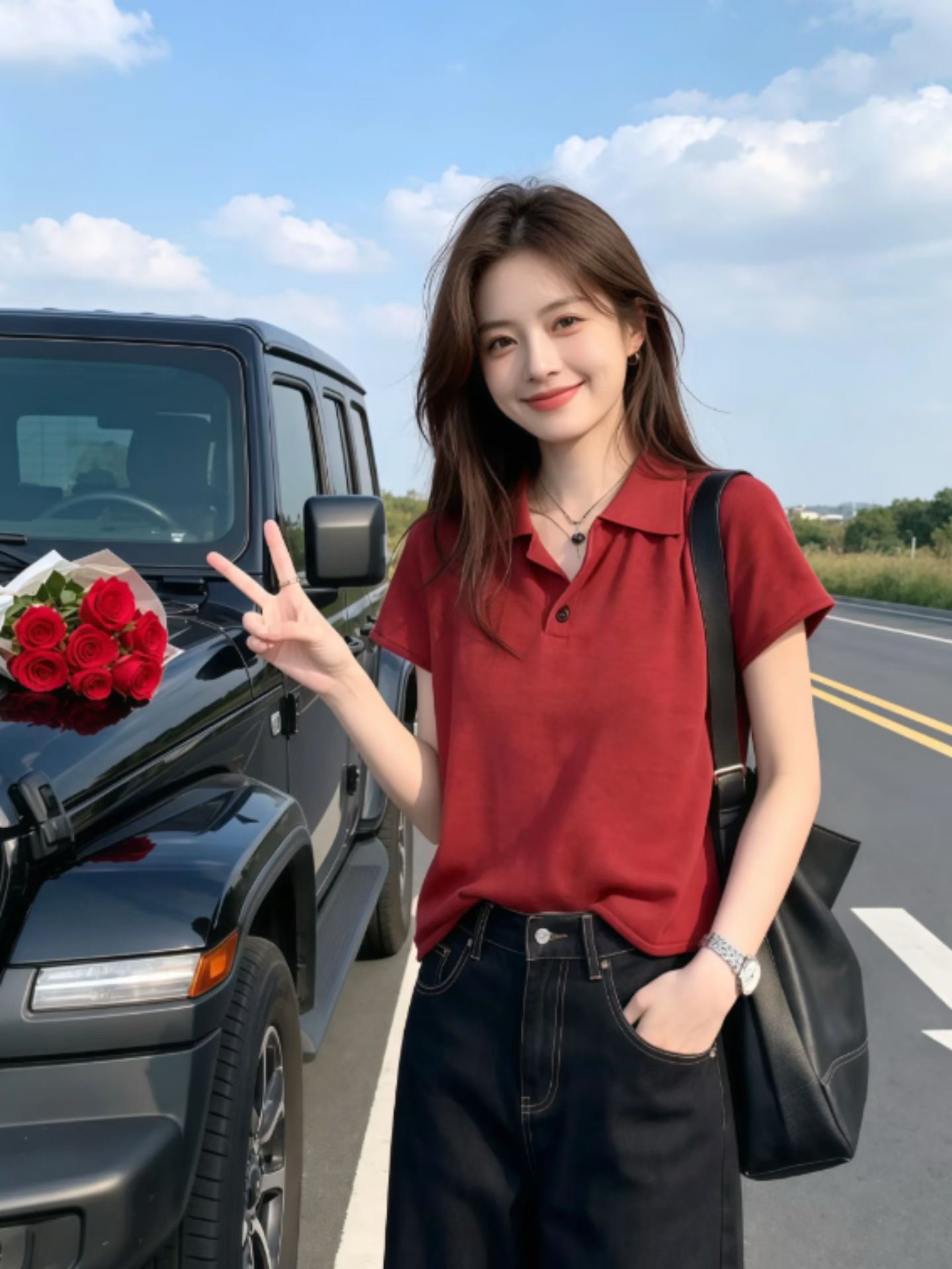 재고 있음 빨간색 폴로 칼라 니트 스웨터 여성 몸매 가꾸기 슬림해 보이는 얼음 실크 얇은 스타일 긍정적 인 어깨 반팔 POLO 셔츠 티셔츠 맨위