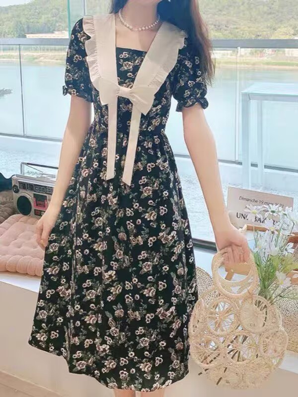 재고 있음 검정색 쉬폰 꽃무늬 여성 드레스 여름 새로운 베이비 칼라 슬림해 보이는 허리 수축 품격 한 마디 치마
