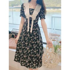 批发黑色<b class='q'>雪纺</b>碎花<b class='q'>连衣裙</b>女夏季新款娃娃领显瘦收腰气质a字裙子