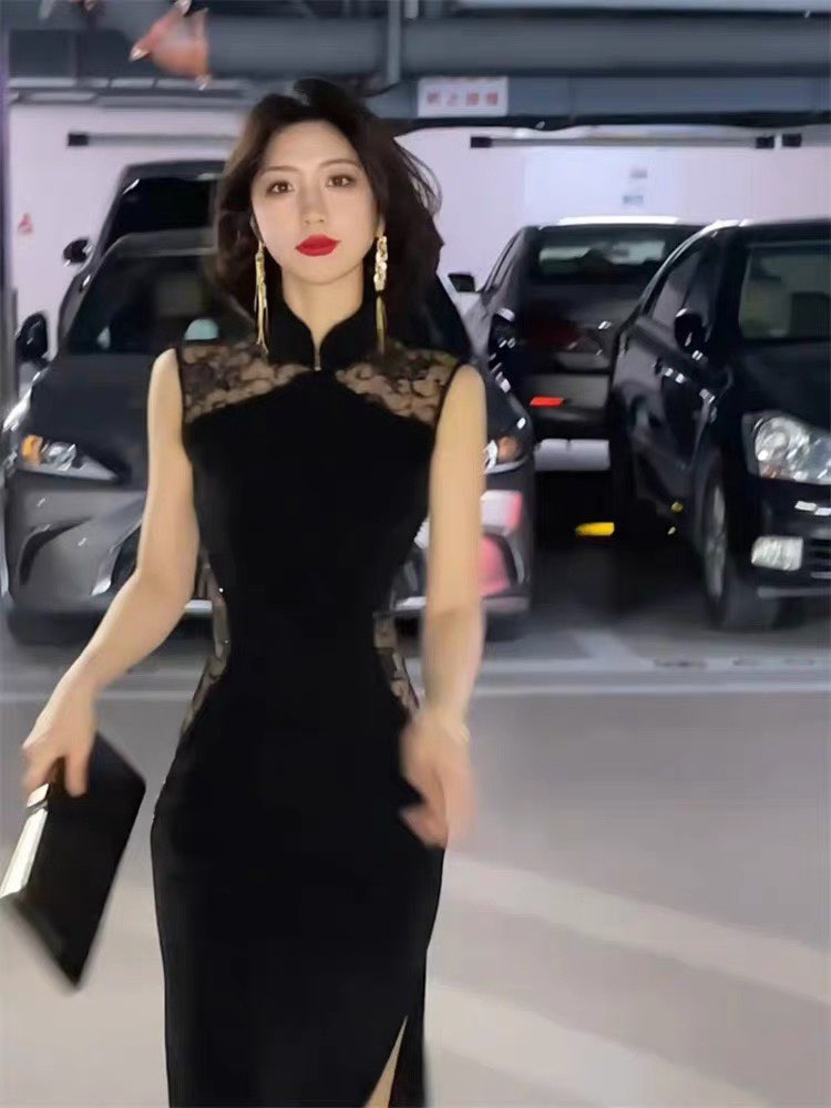 재고 있음 검정색 레이스 조각 부드러운 캐주얼 바람 민소매 여성 드레스 2026 여름 중식 국풍 치파오 드레스