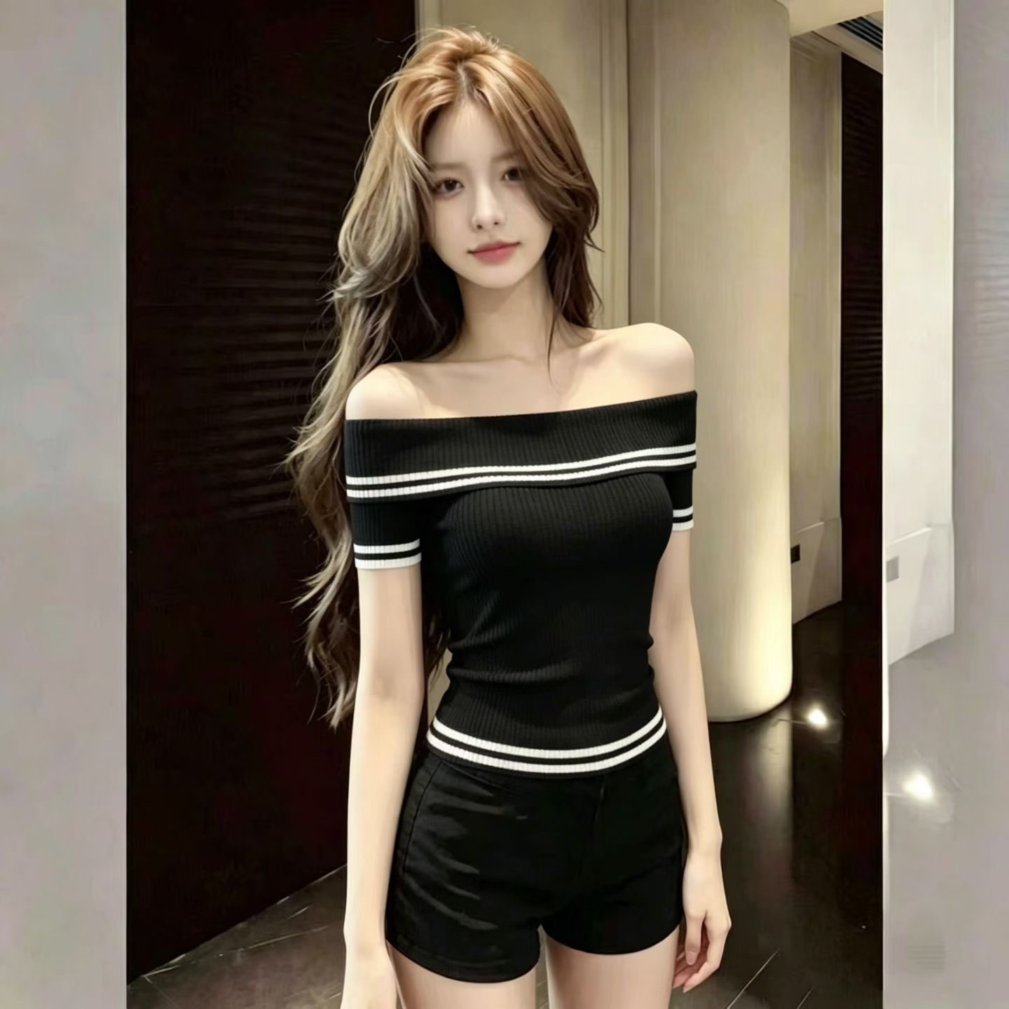 재고 있음 아름다운 miu 부서 스트라이프 보트넥 반팔 니트 스웨터 여성 2026 여름 오프숄더 디자인 섹션 맨위 서비스