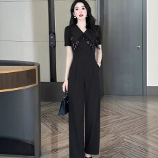 批发有货！2026气质黑色轻奢法式高级感v领显瘦收腰连体裤长裤一整套