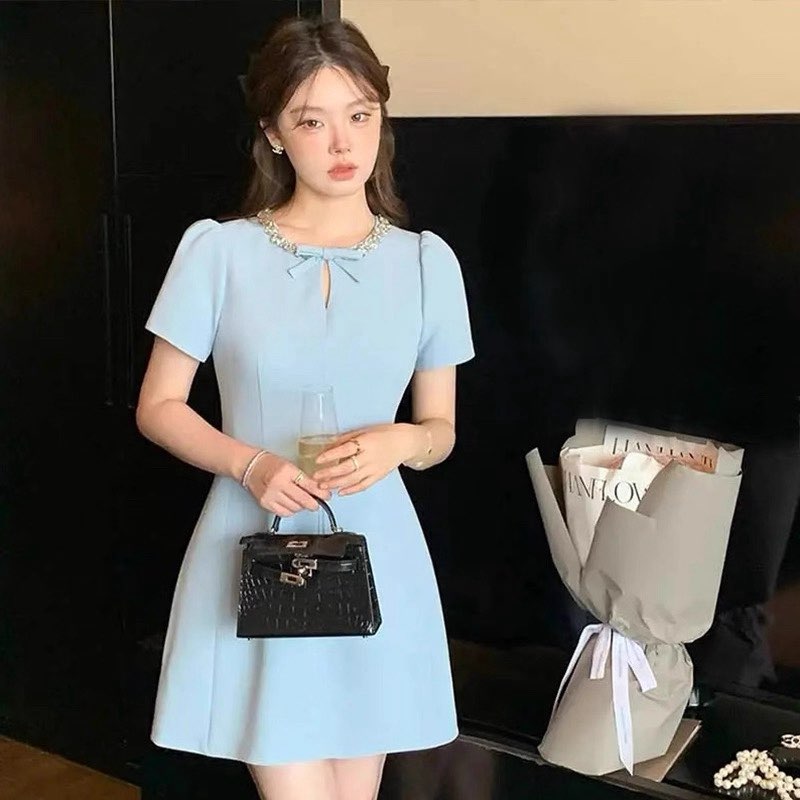 RY7174# 有货！重工蓝色短袖连衣裙女法式修身显瘦小个子高级感短裙