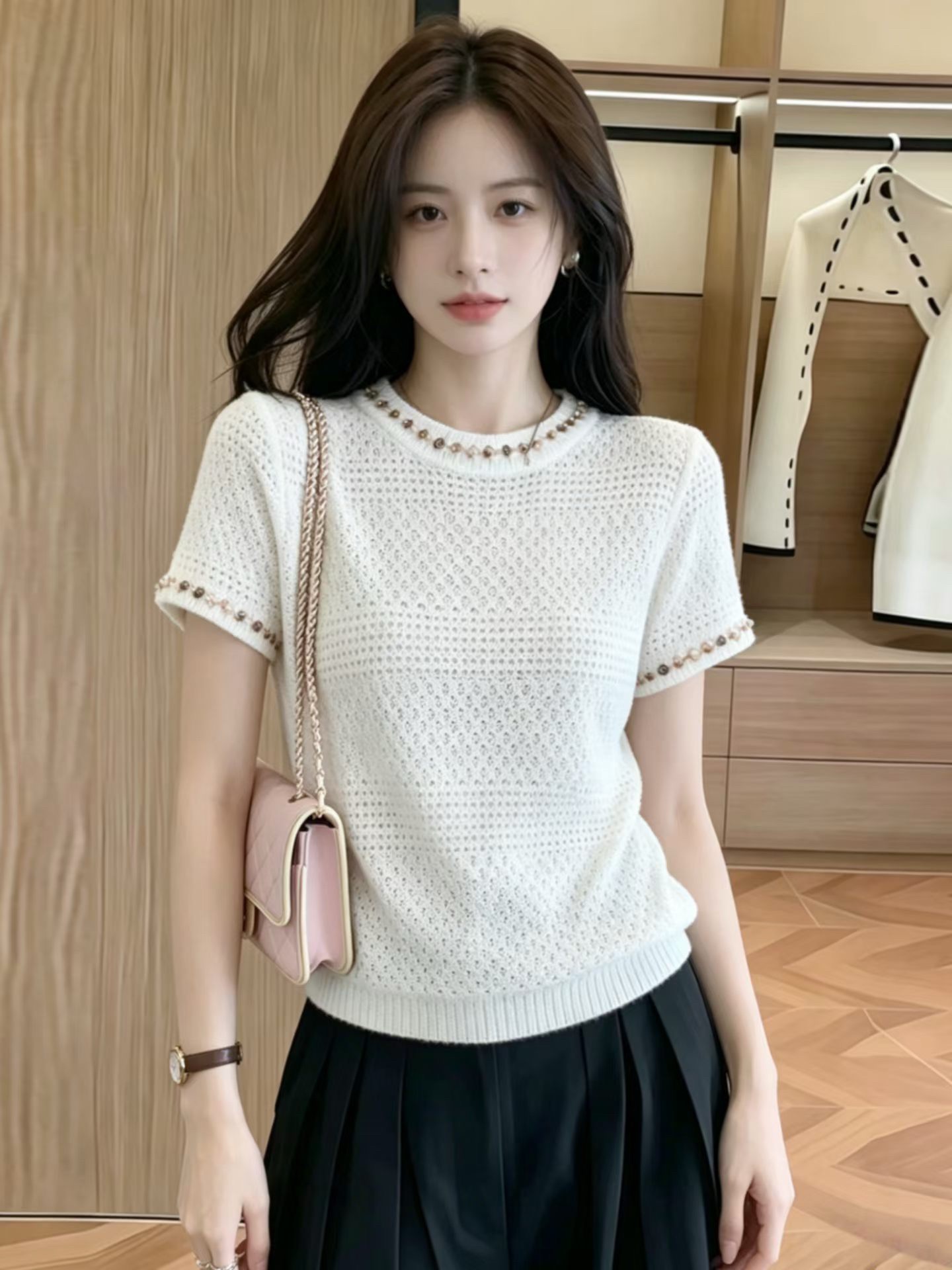 月光宝盒夏季纯色镂空彩色钉珠短袖针织上衣  服裝批發女裝批發服飾貨源