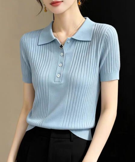 재고 있음 여름 새로운 POLO 칼라 니트 반팔 티셔츠 품격 슬림해 보이는 오래된 돈 바람 니트 스웨터 기본 셔츠