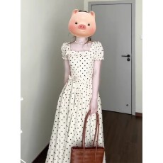 批发法式复古波点泡泡袖潮妈哺乳连衣裙新款温柔气质冷淡系独特别致裙