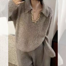批发哺乳衣翻领毛衣灰色亮片穿搭慵懒高级感超好看宽松针织衫