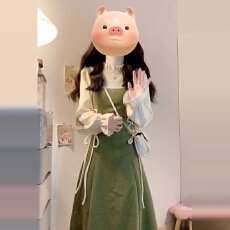 批发法式复古假两件绿色哺乳连衣裙子秋<b class='q'>冬</b>新款气质独特漂亮收腰长裙