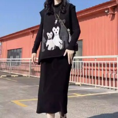 批发马甲+<b class='q'>孕妇</b><b class='q'>哺乳</b><b class='q'>连衣裙</b>秋季套装宽松卡通女孩韩版减龄针织马甲套装