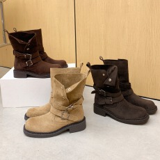 批发秋上新网红同款增高5.5cm美拉德粗跟厚底扣带牛反绒高跟短筒靴女