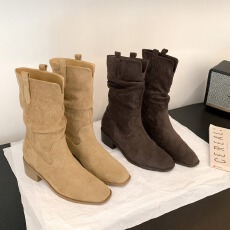 批发网红同款秋上新增高8cm圆头V口粗跟厚底显瘦大筒围堆堆靴软女短靴