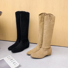 批发2025秋冬款涩谷靴V口尖头绒面内增高粗跟高筒骑士靴女西部堆堆靴