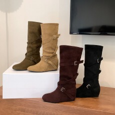 批发网红同款增高6cm~ 韩系圆头扣带柔软褶皱显瘦中筒靴女高跟靴