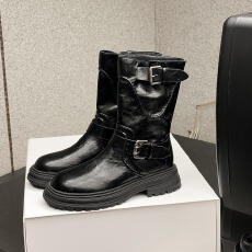批发复古朋克风圆头皮带扣骑士靴女2025新款厚底马丁靴毒液靴