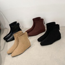 批发韩系复古尖头绒面百搭5cm内增高极简小方头后拉链瘦瘦靴短靴女