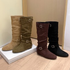 批发葡萄妈秋冬新款内增高5cm~ 韩系时髦扣带设计堆堆中筒靴瘦瘦靴女