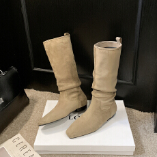 2025秋冬新款磨砂真皮长靴方头平底高筒靴翻皮骑士直筒靴女