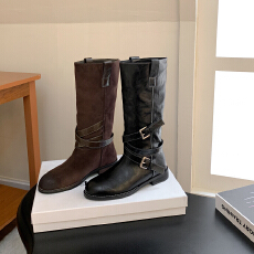 批发网红同款皮带扣堆堆靴粗跟复古做旧中筒靴韩版靴子小众工装靴女