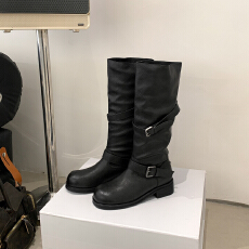 批发2025年新款复古棕色做旧长筒机车靴女粗跟中筒靴工装不过膝长靴