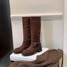 批发2025新款复古风西部牛仔靴粗跟不过膝长靴女显瘦美拉德高筒骑士靴