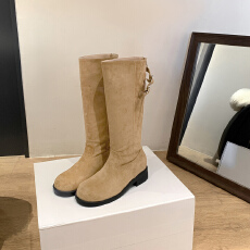 皮带扣后拉链中跟粗跟高筒靴女秋冬款磨砂绒面骑士靴堆堆长靴